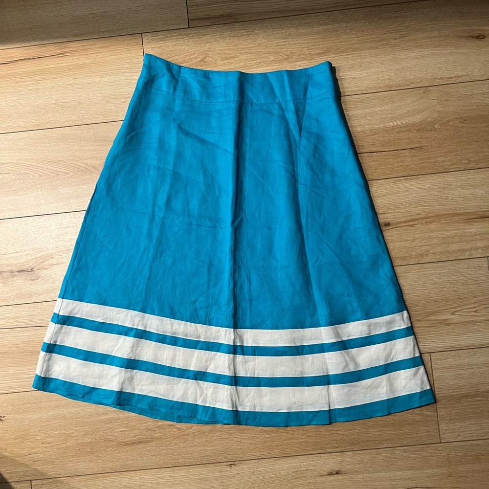 VINTAGE LINO USA Aqua Blue White Stripe Linen A Line Midi Skirt - Picture 1 of 3
